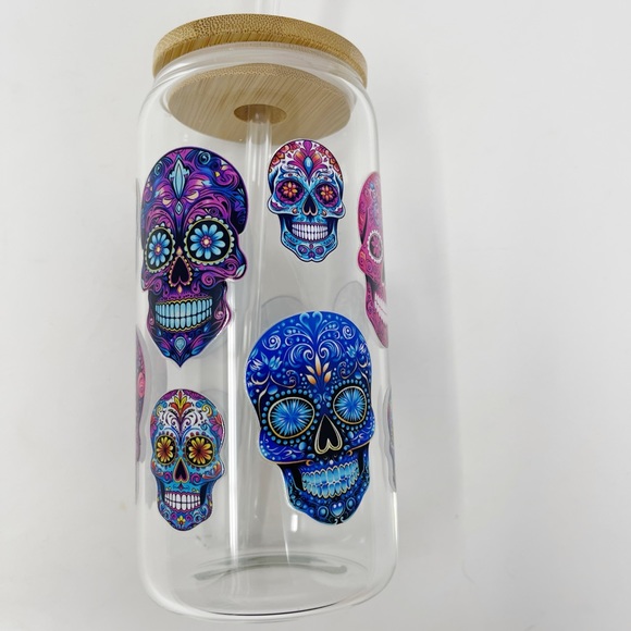 NEW! Sugar skull calavera glass cup with bamboo lid and glass straw 16 oz - Picture 6 of 7